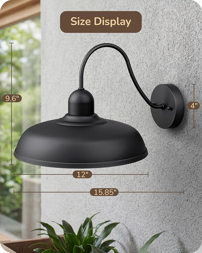 EDISHINE 2 Pack Gooseneck Barn Light Fixture, 12IN Outdoor Wall Light, Farmhouse Outside Wall Sconce, Black Matte Wall Mount Lantern for Porch, Entryway, Garage