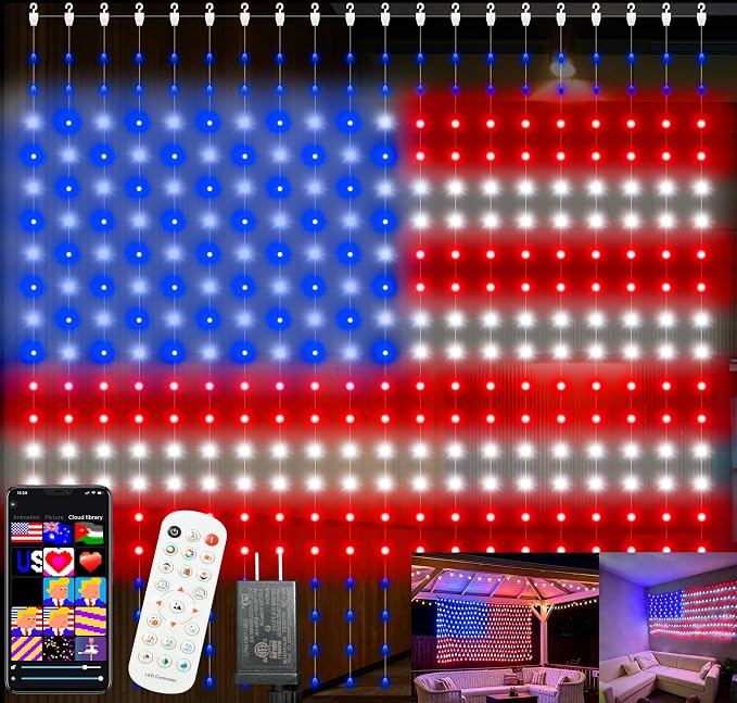 Smart Curtain Lights 400 LED, Color Changing American Flag Fairy Lights with APP & Remote 6.6 x 6.6 FT, DIY Waterproof Decor for Bedroom Backdrop Outdoor 4th of July Halloween Christmas