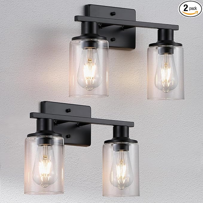 2 Pack Matte Black Bathroom Light Fixtures Over Mirror,2-Light Bathroom Vanity Light with Clear Glass Shade,Modern Farmhouse Wall Sconces Lighting for Mirror Kitchen Living Room Cabinet
