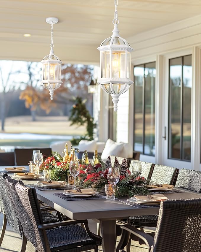 VIANIS Outdoor Hanging Lights, White Outdoor Pendant Lights with Tempered Beveled Glass, 20 Inch 1-Light Adjustable Outdoor Chandelier for Entryway, Gazebo, Waterproof and Anti-Rust, 100% Aluminum