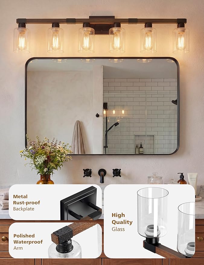 VOLISUN Farmhouse Bathroom Light Fixtures, 6 Light Bathroom Vanity Lights Over Mirror, Rustic Vanity Light for Bathrooms,Wood Bathrooms Lights Fixtures Over Mirror-UL Certificated