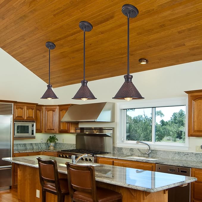 Tarentlight Max 58”Ht Adjustable Tube Mini Pendant,Vintage Hammered Pattern Cast Aluminum Shade,1-E26 Classic Lamp,Oil Rubbed Bronze Farmhouse Hanging Light for Kitchen Island,Entryway,Dining Room.