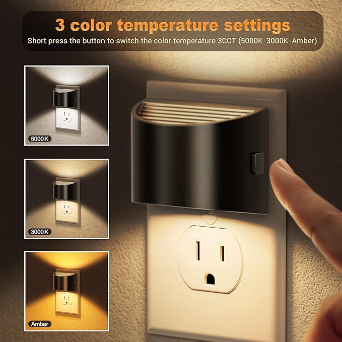 JandCase LED Night Lights Plug into Wall 2 Pack, Automatic Night Light with Dusk to Dawn Sensor, 0-100LM, 3000K/4000k/5000K Adjustable Nightlight for Kids Bedroom Hallway Kitchen