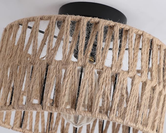 Coastal Woven Flush Mount Ceiling Light Fixture Rustic Industrial Hemp Rope Semi Flush Mount Ceiling Light for Hallway Bedroom Farmhouse Kitchen Entryway Hall, Black