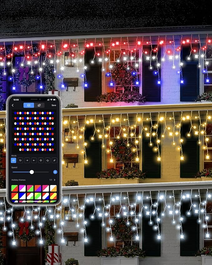 Smart RGB Icicle Lights Outside 33FT 299LED 69 Drops, App & Remote Control Music Sync Waterproof Christmas Roof String Lights, DIY Color Changing Holiday Yard Decorations for Patio, Party, Wedding