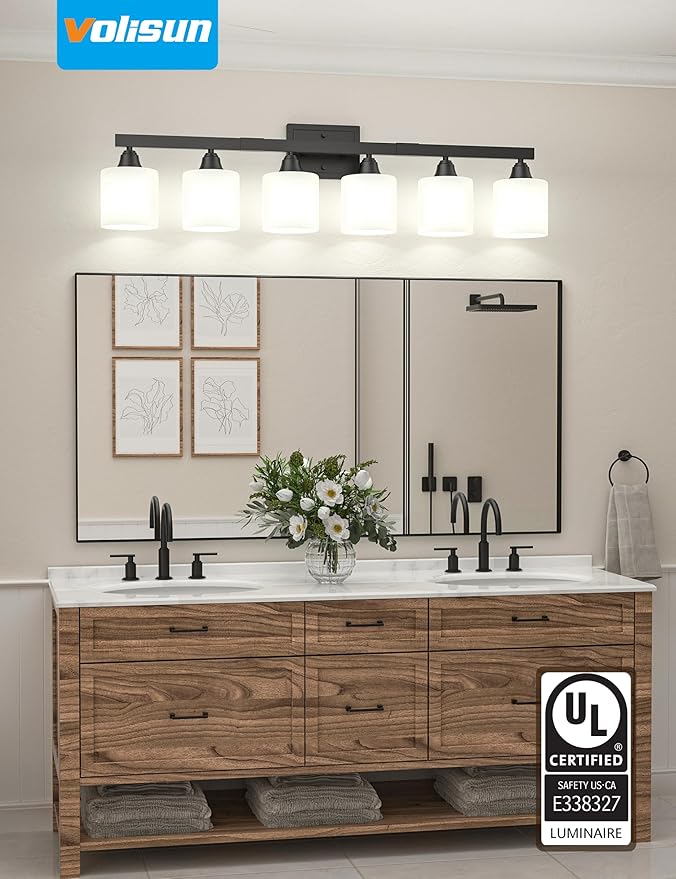 VOLISUN Matte Black Bathroom Light Fixtures, 6-Light Bathroom Vanity Lights Over Mirror, Modern Vanity Light for Bathrooms, Bathrooms Lights Fixtures Over Mirror with Milky White Frosted Glass Shades
