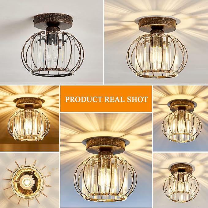 YYJLX Semi Flush Mount Ceiling Light Fixture E26 Mini Crystal Chandelier Oil Rubbed Bronze Small Ceiling Lamp for Entryway Bedroom Bathroom Hallway Closet Foyer Light
