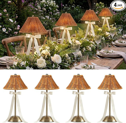 4 Pack Wedding Cordless Rattan Table Lamps Wicker Night Light LED Rechargeable Reading Lights 3 Color Portable Touch Control Party Decor with Bows for Outdoor Party Wedding Patio