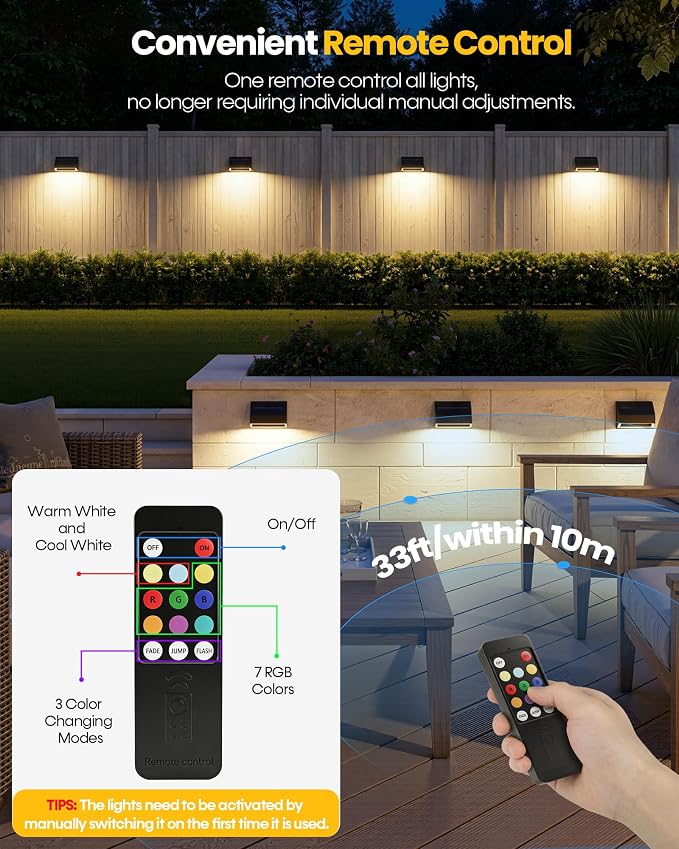 Bridika 4 Pack Solar Fence Lights, 100 Lumen Ultra Bright with Remote Control, 9 Colors & 3 Modes, 1500mAh Solar Lights Outdoor, IP65 Waterproof Solar Wall Lights for Backyard, Patio, Deck, Garden
