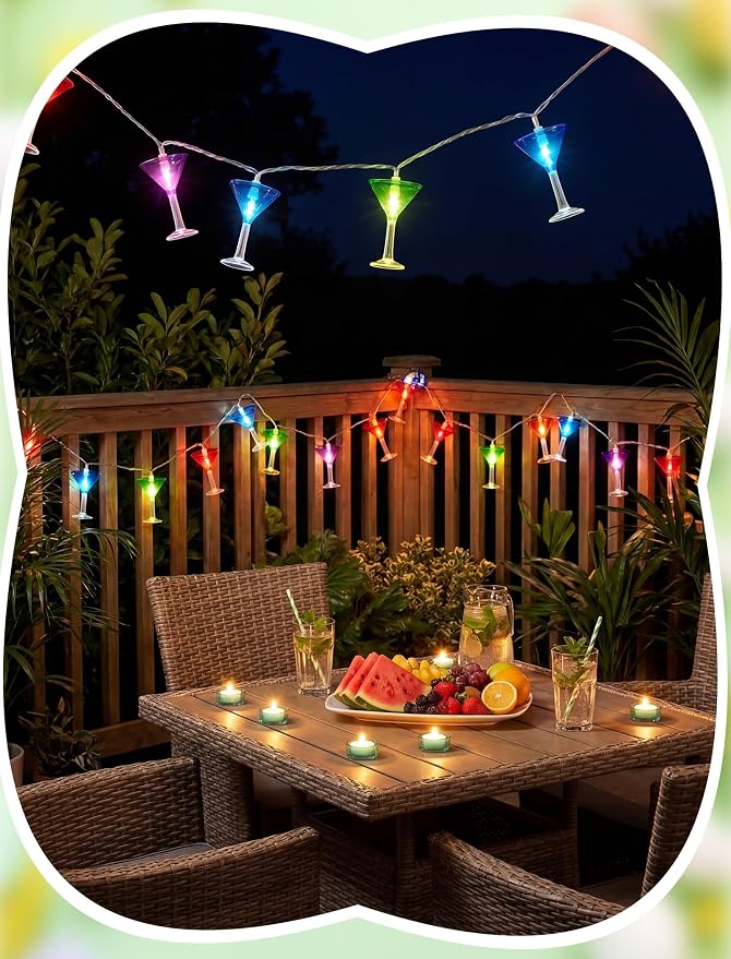 Margarita Fiesta Party Lights, 8.5Ft Summer Decorative String Lights Plug in with 10 LED Multicolor Cocktail Glass Lights, Indoor Outdoor Patio Lights Waterproof for Home Tiki Bar Party Lighting Decor