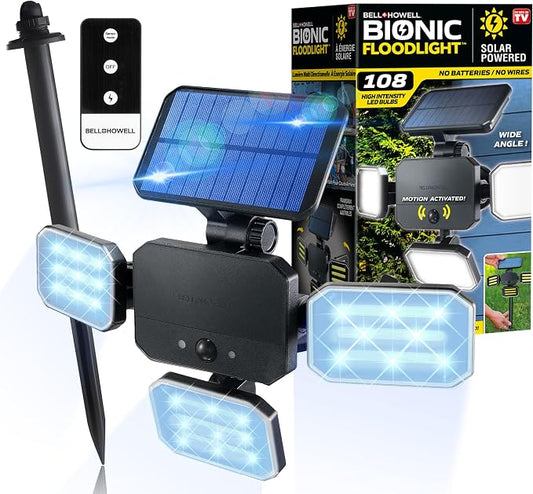 Bell+Howell Bionic Flood Light ASON TV, Solar Lights Outdoor Waterproof- 50% Brighter 108 COB-LED's w/Motion Sensor 180° Swivel, Adjustable Panels for Garden, Lawn and Patio As Seen On TV
