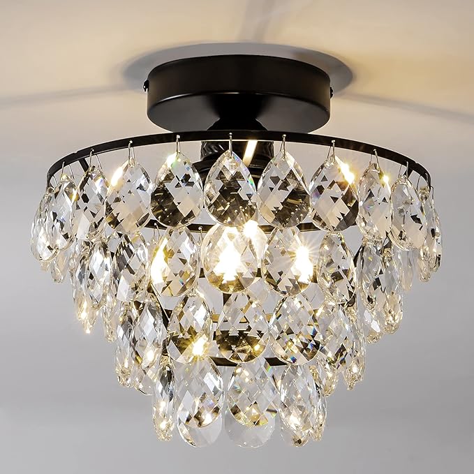 CM MZY Modern Small Crystal Ceiling Light Fixture, Matt Black Semi Flush Mount Ceiling Light Fixture, Mini Crystal Chandeliers for Hallway Bedroom Bathroom Closet Bedroom Foyer