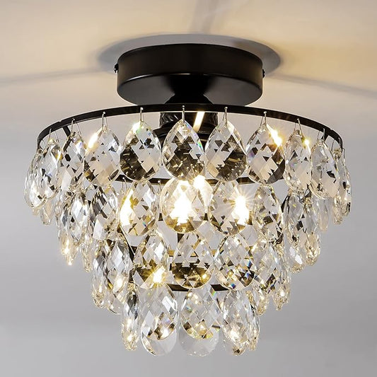CM MZY Modern Small Crystal Ceiling Light Fixture, Matt Black Semi Flush Mount Ceiling Light Fixture, Mini Crystal Chandeliers for Hallway Bedroom Bathroom Closet Bedroom Foyer