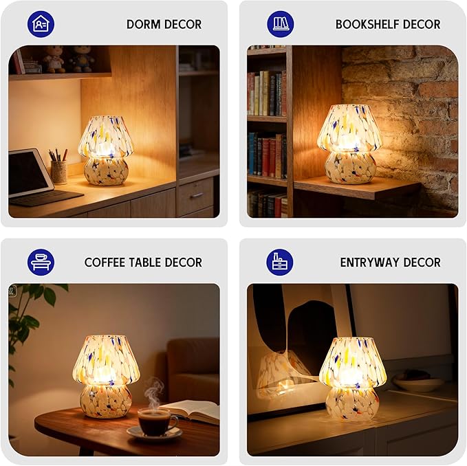 ULAROOM Cordless Mushroom Lamp-Modern Small Battery Operated Table Lamp with Timer for Home Decor,Aesthetic Glass Battery Powered Lamp for Bedroom/Kitchen/Living Room/Shelf Decor(White&Blue)