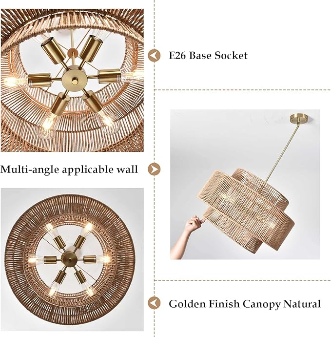 Large Rattan Chandelier 23.62" Boho Chandelier for Dining Room 3-Tier Hand Woven Boho Light Fixture 6 Light Modern Farmhouse Chandelier Kitchen Island Lighting