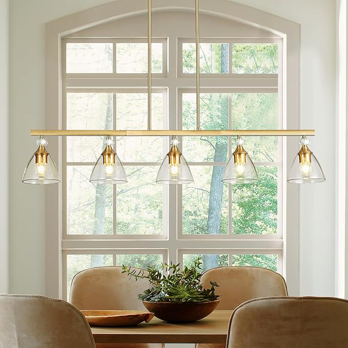 5-Light Gold Finish Kitchen Island Pendant Lighting with Clear Glass Shades for Dining Table, Kitchen Island, Living Room