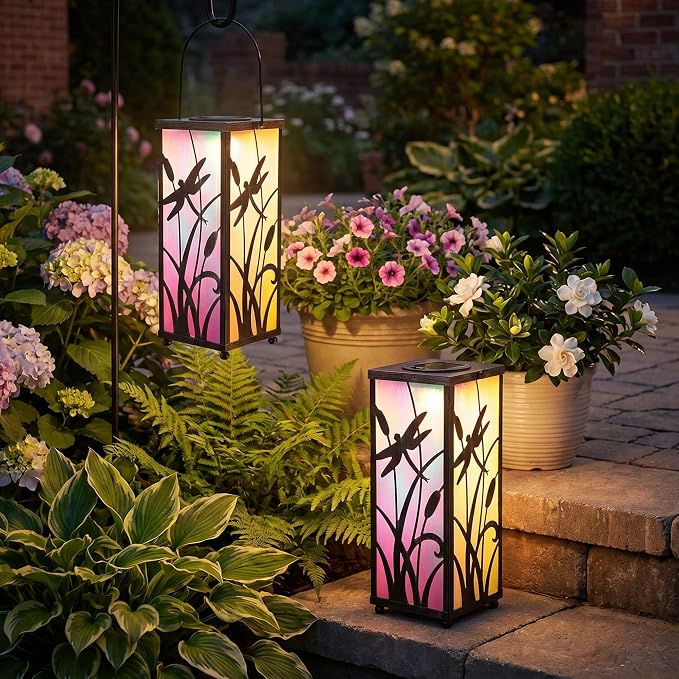 ODEETRONIC Solar Lantern Light, Hanging Dragonfly Lantern with Colorful Film Shade, Metal Solar Tabletop Light Warm White LED Outdoor Garden Lighting Waterproof for Patio Pathway Porch Balcony Decor