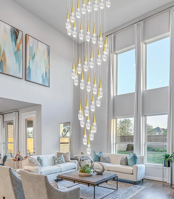 36-Lights 197 Inches Large Modern Chandelier LED Light Fixtures High Ceiling Long Light Chandelier for Entrance Foyer Dimmable Lights with Remote Living Room Ceiling Pendant Lighting Shine Gold