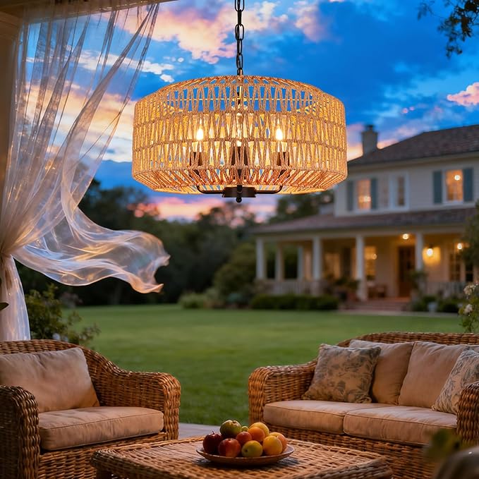 Outdoor Solar Chandelier, 4-Light 20" Rattan Outdoor Chandelier, Hanging Waterproof Pendant Lights, for Gazebo, Porch, Patio, Pergola