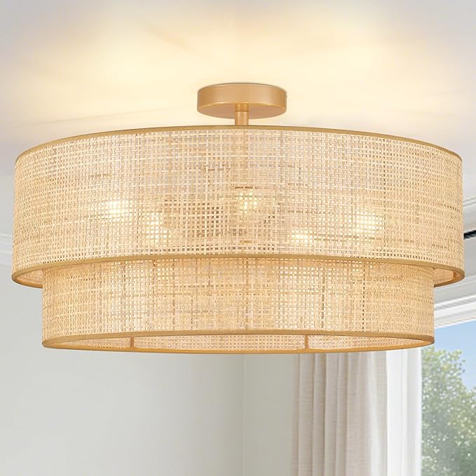 Hamilyeah 24 Inch Large Boho Ceiling Light Double Layer, Semi Flush Mount Light Fixture with Wicker Rattan Bamboo Woven Shade for Living Room, Dining Room