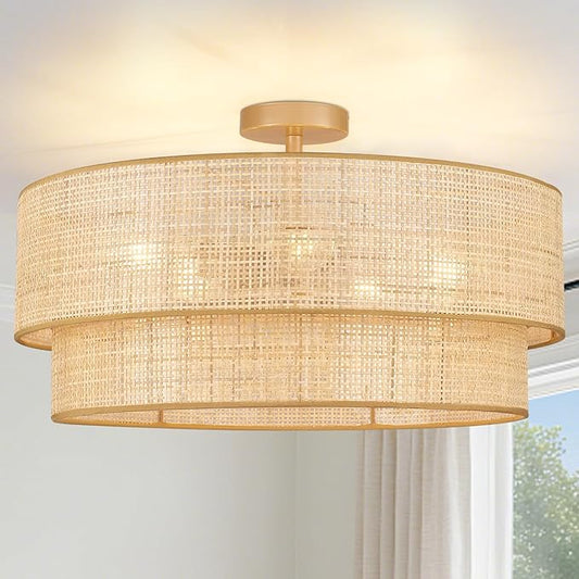 Hamilyeah 24 Inch Large Boho Ceiling Light Double Layer, Semi Flush Mount Light Fixture with Wicker Rattan Bamboo Woven Shade for Living Room, Dining Room