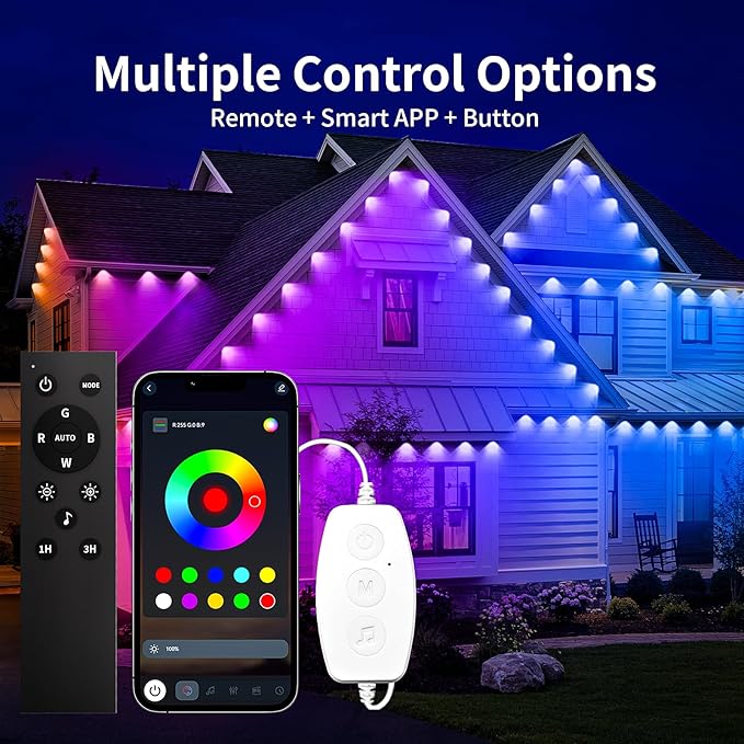 KSIPZE Permanent Outdoor Lights Waterproof IP67, Smart RGB+IC Eaves LED Lights with App & Button Control, 200+ Dynamic Scene Modes for House Roof, Garden, Christmas, Party Decor