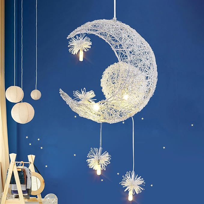 TISLYCO Kids Ceiling Light, Moon Chandelier, Girls Chandelier for Bedroom, Stars Moon Chandeliers Nursery Light Fixture