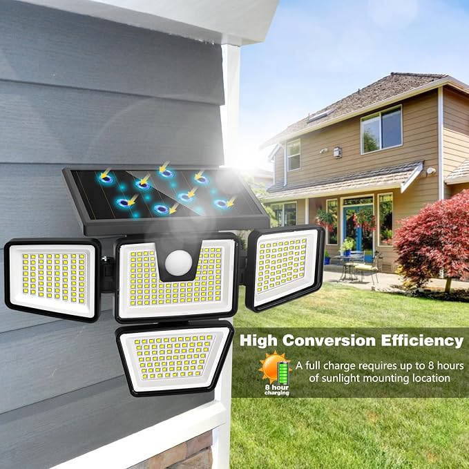 AmeriTop Solar Lights Outdoor, 2 Pack 300 LED High Brightness Cordless Solar Motion Sensor Lights; 4 Adjustable Heads,320° Wide Angle Illumination, IP65 Waterproof, Security LED Flood Light(Daylight)