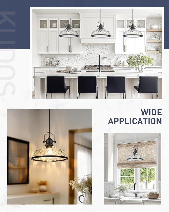 kudos 2 Pack Pendant Lights Kitchen Island, 11" Black Kitchen Island Lighting with Clear Hammered Glass Shade, Farmhouse Large Hanging Light Fixture for Kitchen Sink Dining Room, KDPL13-BK-H-2PK
