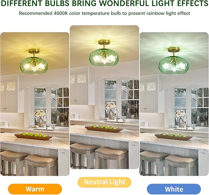 Green Glass Flush Mount Ceiling Light - 12 Inch Hammered Glass Hallway Light fixtures Ceiling, Vintage Gold Semi Flush Mount Ceiling Light,Mid Century Light Fixture for Bedroom Entryway Kitchen