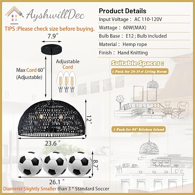24" Black Woven Pendant Light Boho Chandelier Dome Rustic Farmhouse Chandelier Wicker Pendant Light Rattan Light Fixture for Dining Room Living Room Bedroom Kitchen Island Foyer(Bulb Incl)