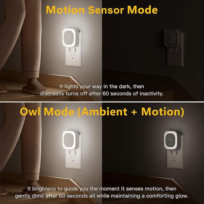 YUNLEX 2 Pack Plug in Night Light with Motion Sensor & Dusk to Dawn Sensor, 3 Sensor Modes, Night Lights Plug into Wall, Auto ON/Off, Dimmable Nightlight for Bathroom, Stairs, Kitchen, Cool White