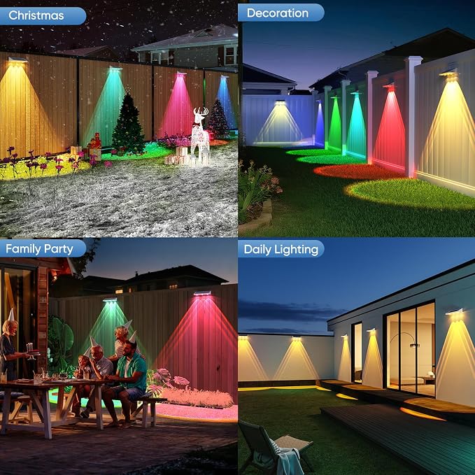 YiLaie Solar Fence Lights Outdoor with IP67 Waterproof, RGB Multi Color & Dusk to Dawn Auto ON/Off Solar Power Wall Mount Solar Lights for Outside Fence Wall Deck Gate (4 Pack)