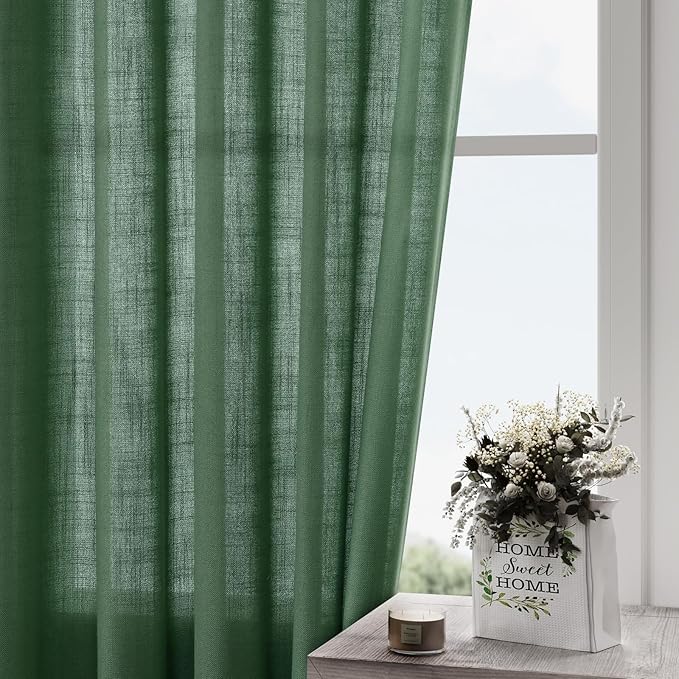 Green Linen Textured 96 Inch Curtains 2 Panel Set Back Tab Rod Pocket Sheer Light Filtering Boho Room Decor Aesthetic Curtains Burlap Look Curtain Drapes for Living Room Bedroom 8Ft 52x96 Inch