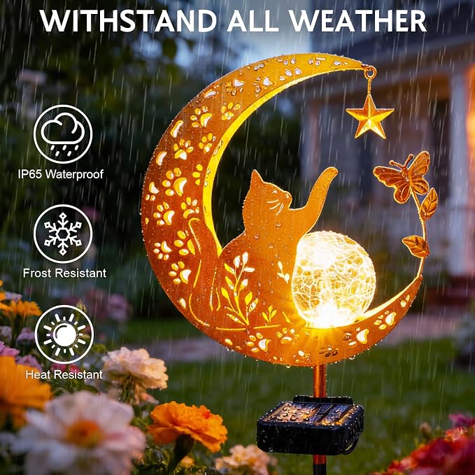 Solar Garden Decor Outdoor Statue, Moon Fairy Garden Figurines with Cat Design for Mom Women Grandma Solar Stake Lights for Patio, Yard, Lawn, Pathway (Warm White)