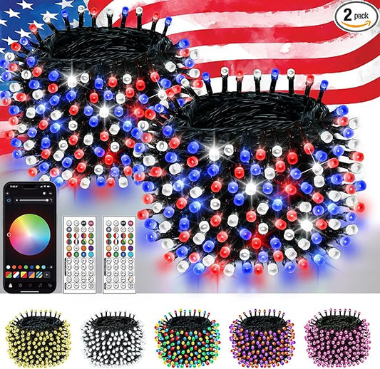 2Pack 400LED Smart 4th of July String Lights | 164FT App Controlled Red White and Blue American Flag Lights, Waterproof Patriotic RGB Color Changing String Lights with Remote Outdoor for Memory Day