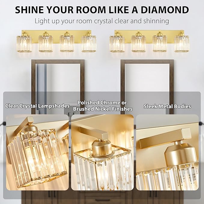 Bathroom Vanity Light Fixtures Over Mirror 4 Crystal Lights - Makeup Lighting Pure Gold - for Modern Wall, Bath, Desk, Farmhouse, Hallway