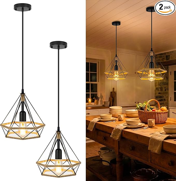 ropelux Pendant Lights Fixtures, Black Farmhouse Kitchen Island Lighting, Adjustable Height Modern Metal Hanging Light Fixture for Kitchen Island Sink Dining Room Bedroom- 2 Pcs