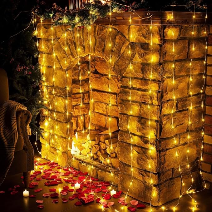 195 LED Curtain String Lights,6.5 x 5 ft Battery Operated USB Powered light with 8 Modes Dimmable Timer,Copper Tapestry Twinkle Fairy Lights for Christmas Bedroom Backdrop Wedding Indoor Outdoor Decor