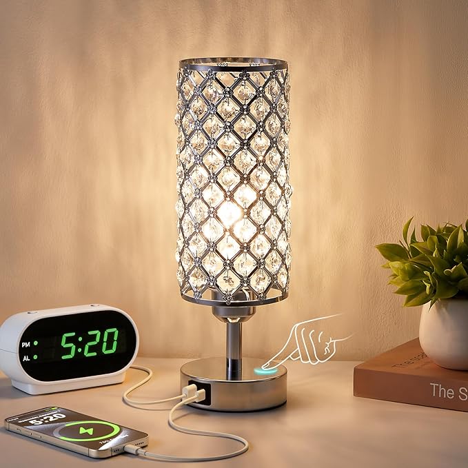 Crystal Table Lamp with USB C+A Charging Ports for Phone&Clock&Headphone, Bedside Lamps with Touch Control, Modern Design Small Lamp for Bedroom, Living Room(Sliver)