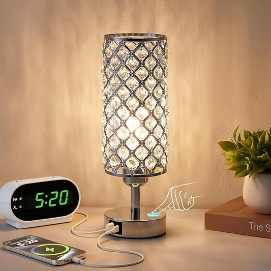Crystal Table Lamp with USB C+A Charging Ports for Phone&Clock&Headphone, Bedside Lamps with Touch Control, Modern Design Small Lamp for Bedroom, Living Room(Sliver)