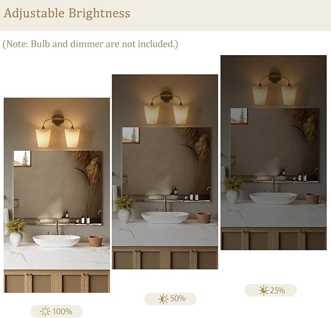 Bathroom Vanity Light with Fabric Shade, 2-Light Bathroom Vanity Light Over Mirror, Modern Light Fixtures for E26 Bulb, Flared Wall Lights for Bedroom, Hallway, Entryway, Powder Room (Gold)
