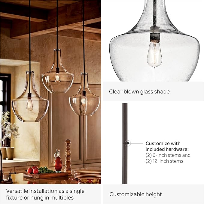 KICHLER Everly 15.25" 1-Light Bell Pendant with Clear Glass in Natural Brass, for a Kitchen Island, Dining Nook, or Home Bar, (15.25" x 10.5") 42456NBR