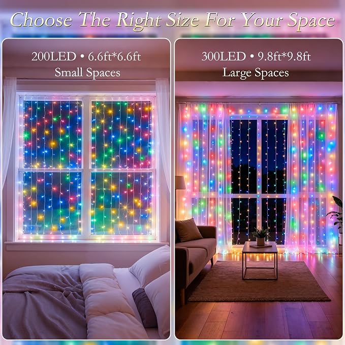 Curtain String Lights Indoor, 300LED 9.8 * 9.8FT USB Plug-in Window Curtain Lights with Timer and 8 Modes, Waterproof Multicolor Curtain Fairy Lights for Bedroom Room Wedding Outdoor Decor