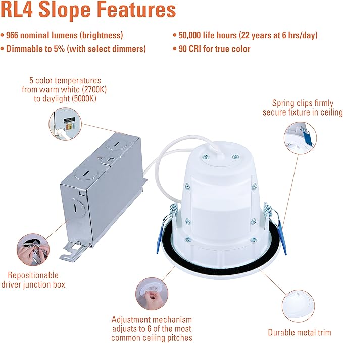 HALO RLS 4 in Adjustable Canless Recessed LED Downlight for Sloped Ceilings with Selectable Color Temperature 2700K-5000K, Dimmable, 900 Lumens, IC-Rated RLS4099FS1EWHDMR