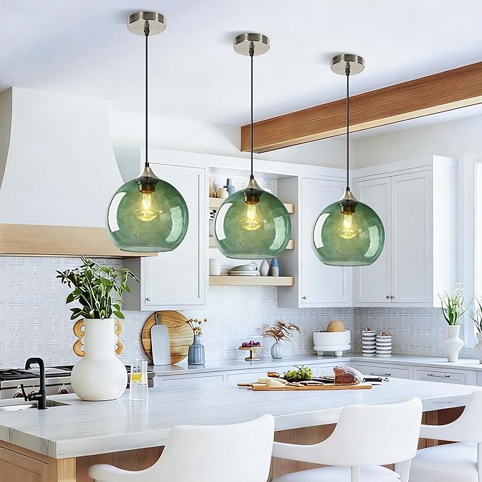 9.1in Large Green Glass Pendant Light for Kitchen Island, 3-Pack with Extra LED Bulbs & 4.92ft Adjustable Cord | Modern Minimalist Lighting for Dining Room, Living Room, Entryway