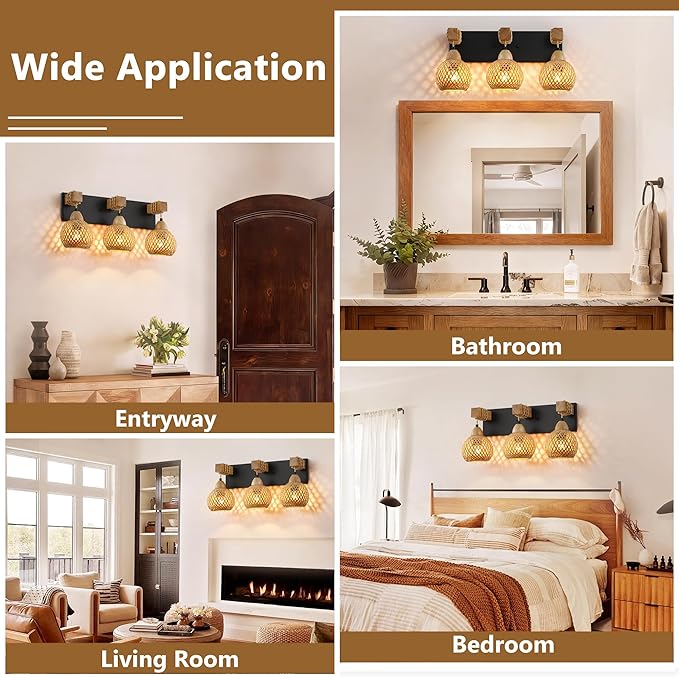 LmnLvn Farmhouse Bathroom Light Fixture, 3-Light Boho Vanity Light, Bamboo Bathroom Light Fixture Over Mirror Rustic Vanity Lighting with Handmade Bamboo Shades, Suit for Restroom, Bedroom, Hallway
