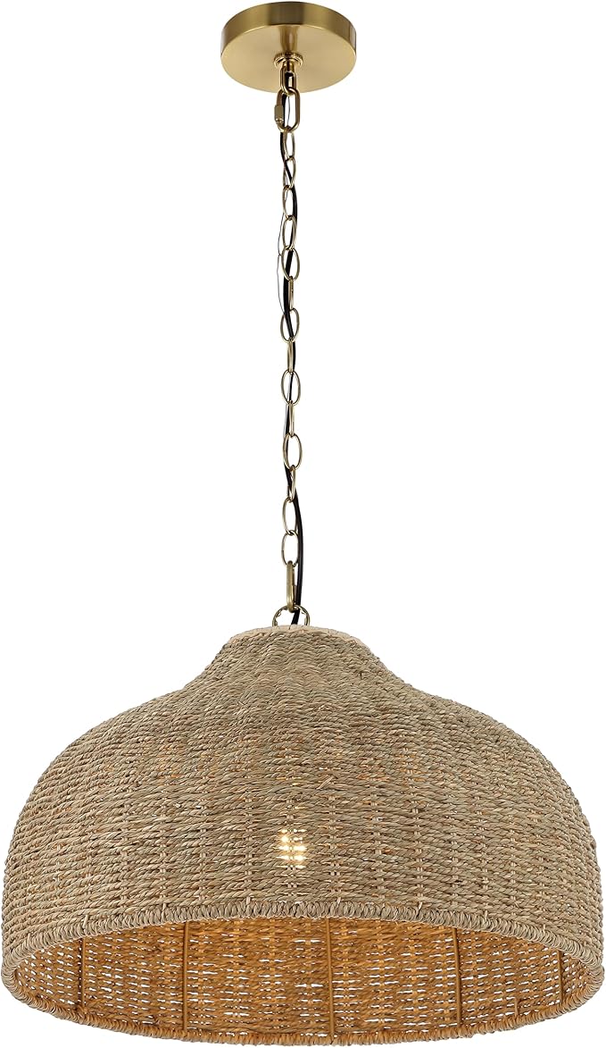JONATHAN Y 20" Brown/Brass Gold 1-Light Rattan and Iron Dome Pendant Light, Adjustable Height Coastal Bohemian Hanging Lamp for Kitchen Island, LED Bulb Included JYL1133A