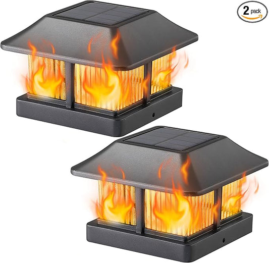 Dynaming Solar Flame Post Cap Lights Outdoor, Solar Powered Fence Post Light, Flickering Flame LED Lantern Lamps Waterproof for Garden Deck Patio, Fit 4x4 Wooden/Vinyl Posts, 2 Pack