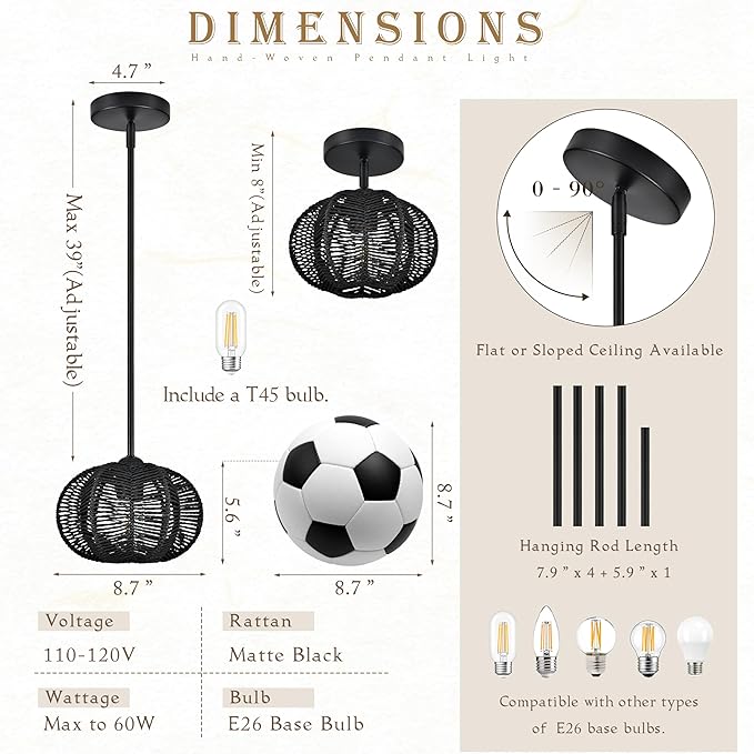 Black Mini Rattan Pendant Light Rattan Light Fixture Wicker Chandelier Woven Pendant Light Boho Chandelier for Bedroom Kitchen Island